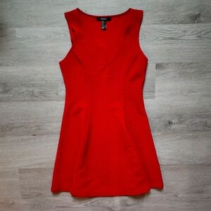 Forever 21 Junior's Red V-Neck Ribbed Sleeveless Mini Skater Dress Small S